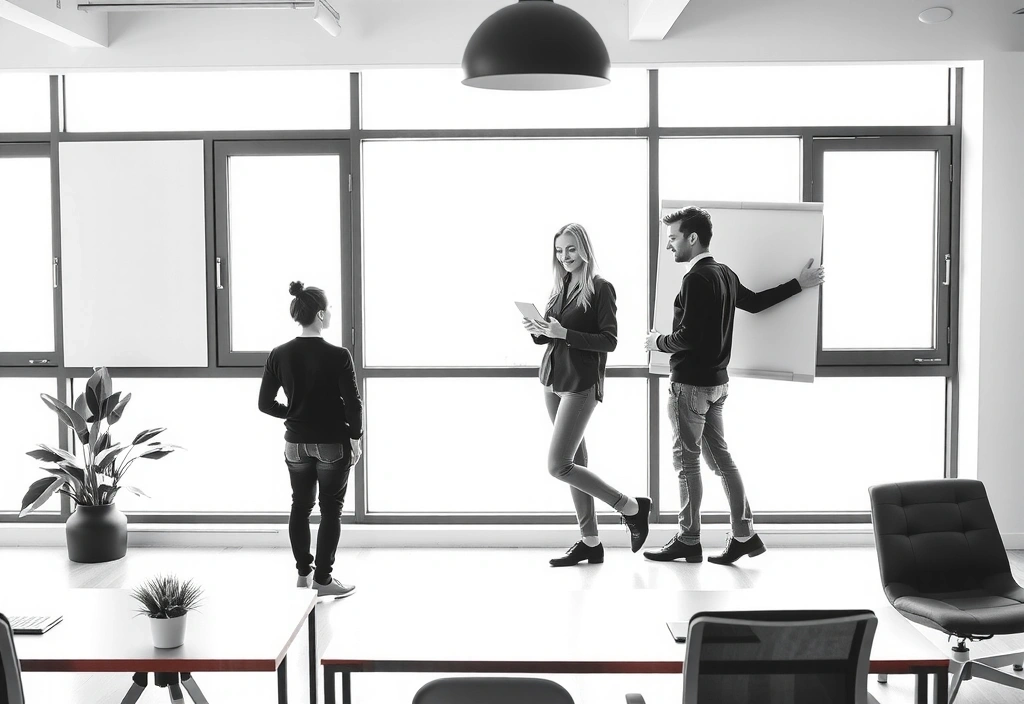 CreativeWeb team collaborating on a project in a modern office environment