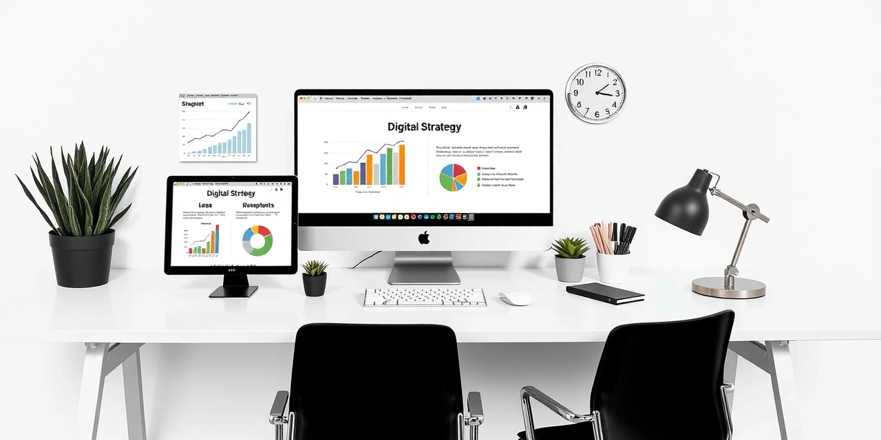 Digital strategy planning with analytics charts and strategic documents