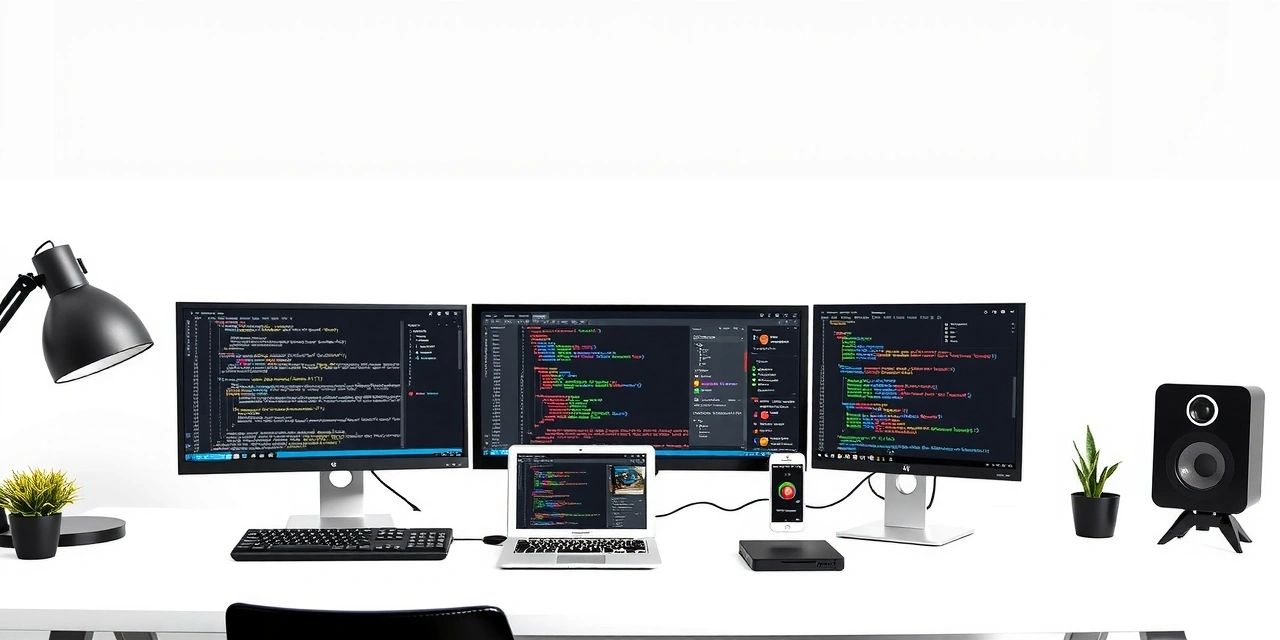 Web development workspace with multiple monitors showing code and development tools